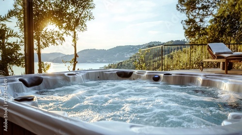 Fototapeta Naklejka Na Ścianę i Meble -  A spa hotel offering guests a rejuvenating experience with a luxurious hot tub overlooking a scenic view