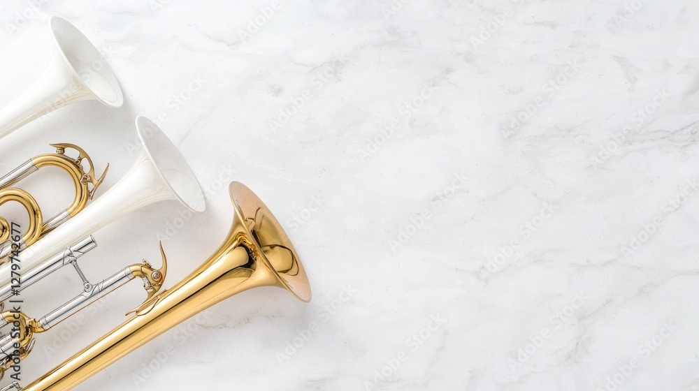 Obraz premium Gold, silver, and white trumpets arranged on a polished white marble surface in bright studio light.