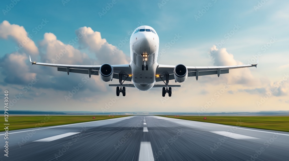 Airplane takes off from runway under a dramatic sky at sunset Airplane takes off from runway under a dramatic sky at sunset