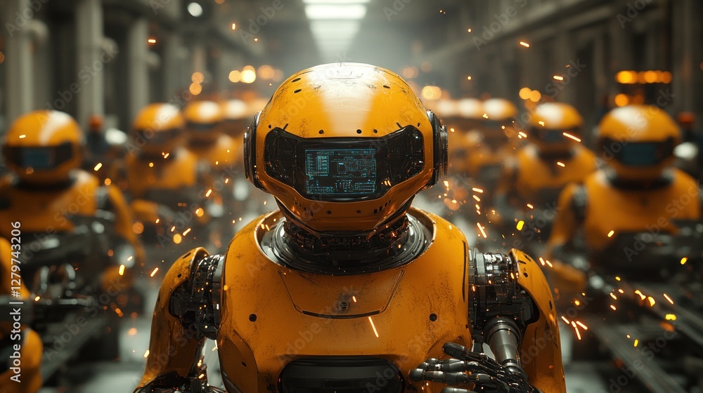 Army of Futuristic Yellow Robots Marching in Industrial Setting