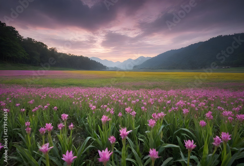Stunning Pink Flower Field at Sunrise with Mountain View