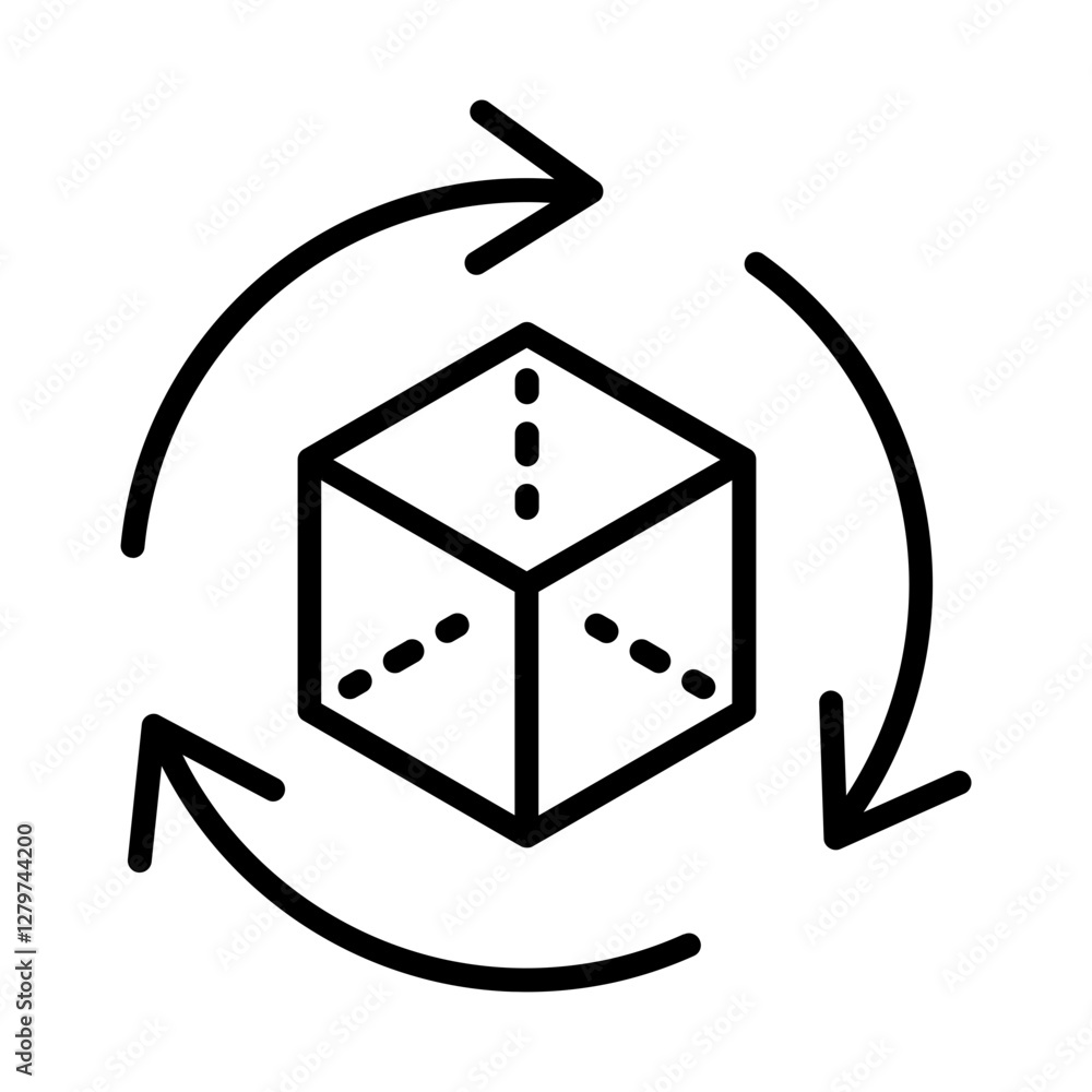 Black single rotating 3D cube model line icon, simple virtual reality flat design illustration pictogram for infographic interface elements for app logo web button ui isolated on white background Black single rotating 3D cube model line icon, simple virtual reality flat design illustration pictogram for infographic interface elements for app logo web button ui isolated on white background