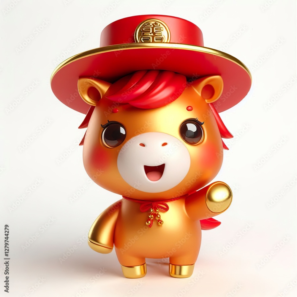 Naklejka premium A cute 3d red gold horse wearing a Prosperity hat on his head, funny, happy, smile, white background