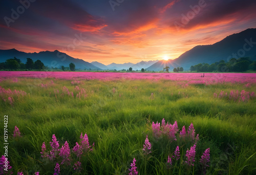 Majestic Sunrise over a Field of Pink Flowers