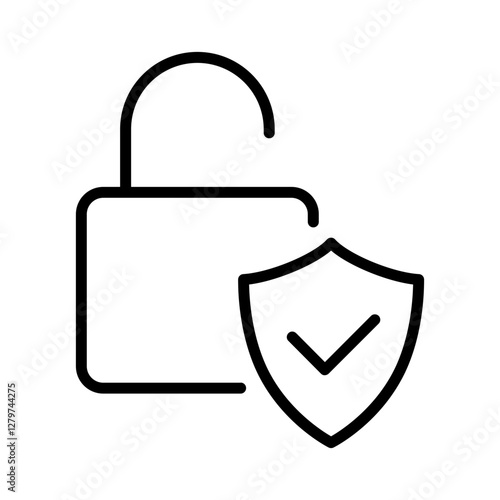 Black unlock in secured line icon, simple open lock successful check mark protection flat design pictogram vector for app ads web banner button ui ux interface elements isolated on white background