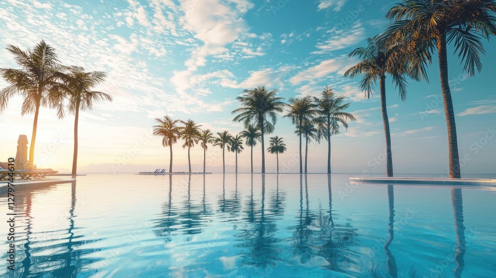 A serene early morning pool scene with calm water reflecting the surrounding palm trees and sky creating a peaceful atmosphere A serene early morning pool scene with calm water reflecting the surrounding palm trees and sky creating a peaceful atmosphere