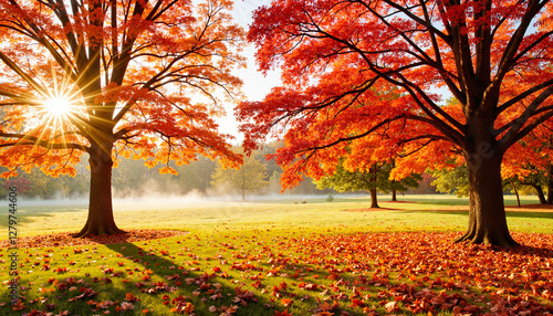 Autumn trees with vibrant orange leaves in a sunlit park