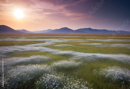 Stunning Sunrise Over a Wildflower Meadow in a Mountain Valley