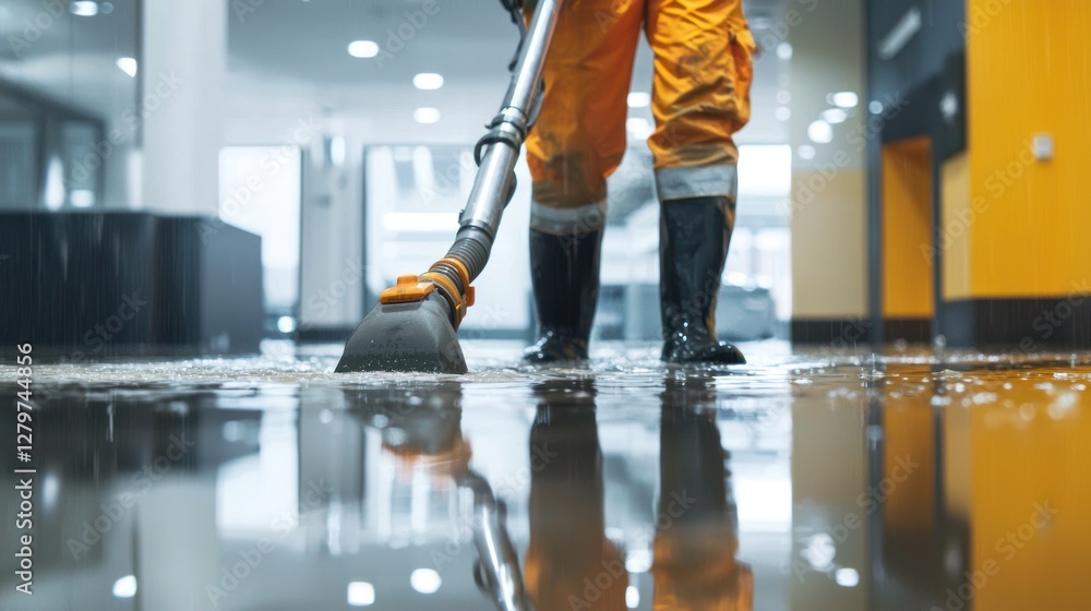 Fototapeta premium A worker cleaning up after a water pipe burst in an office building using a wet vacuum to remove standing water and dry out the space