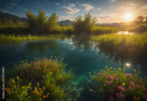 Crystal-Clear Riverbank at Sunrise, Reflecting a Mountain View