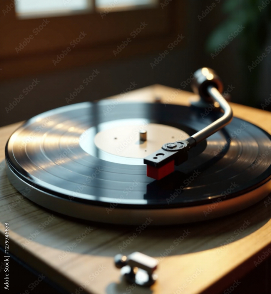 A sleek, polished turntable with an intricate vinyl record spinning, captured in soft, ambient lighting that accentuates its luxurious design and craftsmanship. A sleek, polished turntable with an intricate vinyl record spinning, captured in soft, ambient lighting that accentuates its luxurious design and craftsmanship.