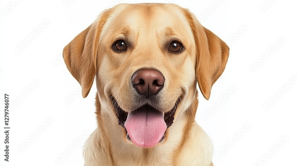 Happy Labrador Retriever Smiling with Tongue Out Against White Background Happy Labrador Retriever Smiling with Tongue Out Against White Background