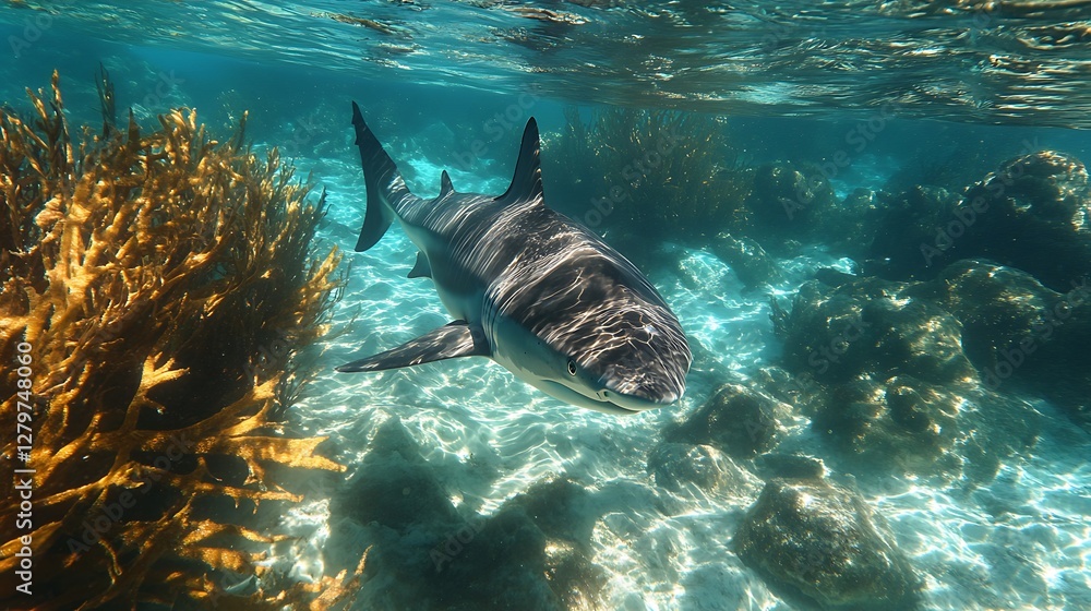 Fototapeta premium Shark in Coral Reef Underwater Scene