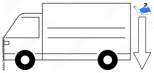 Large delivery truck on left, driver pointing to the right with large arrow indicating direction. Ideal for logistics, transportation, delivery services, navigation, supply chain, shipping routes
