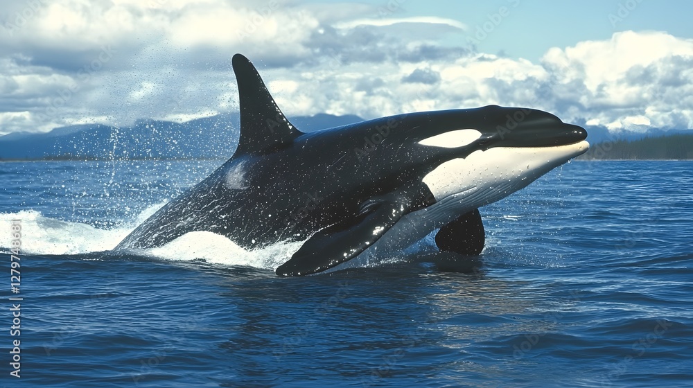 Fototapeta premium Majestic Orca Whale Breaching in Clear Blue Ocean Waters