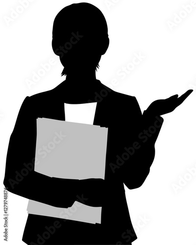 書類を持って案内をする女性のシルエット