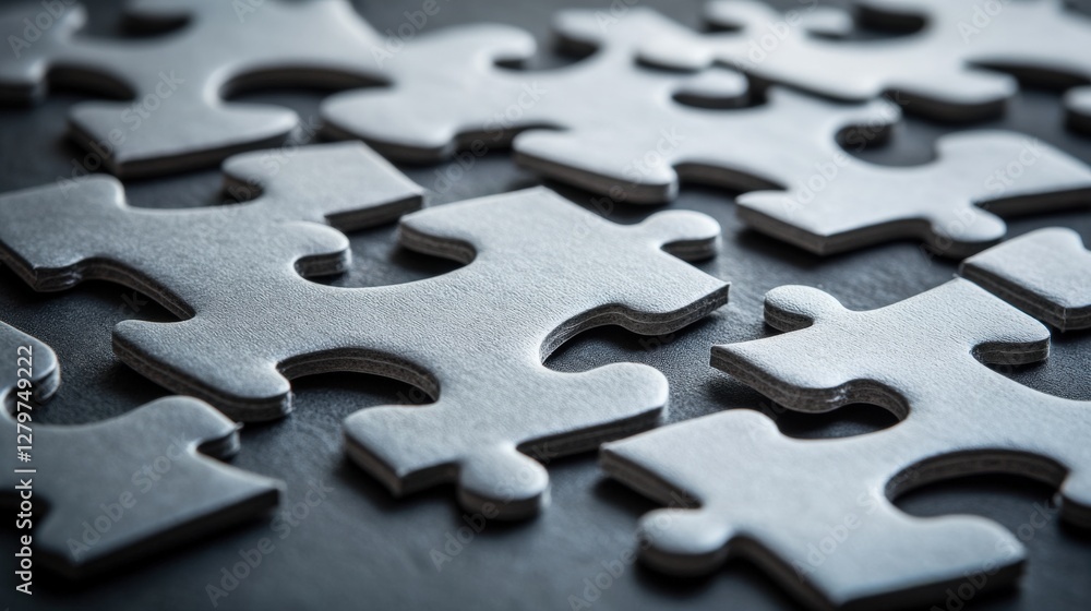Close-up of scattered gray puzzle pieces on a dark surface, symbolizing problem-solving and strategy Close-up of scattered gray puzzle pieces on a dark surface, symbolizing problem-solving and strategy