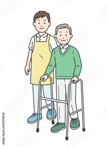 歩行器の高齢男性と介助ををする若い男性のイラスト