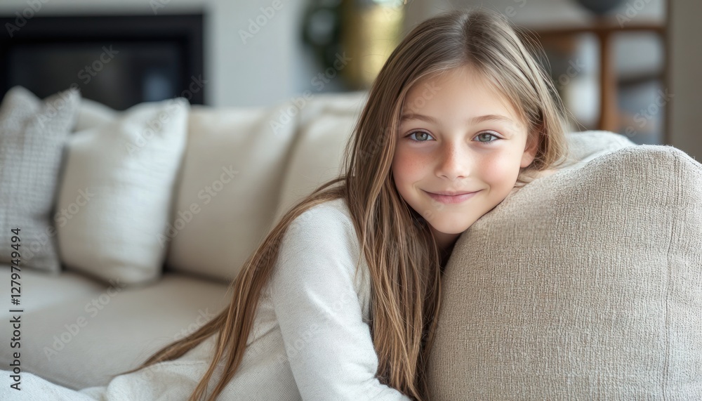 A kid sitting at the couch hugging a pillow in the living room. Generative AI A kid sitting at the couch hugging a pillow in the living room. Generative AI