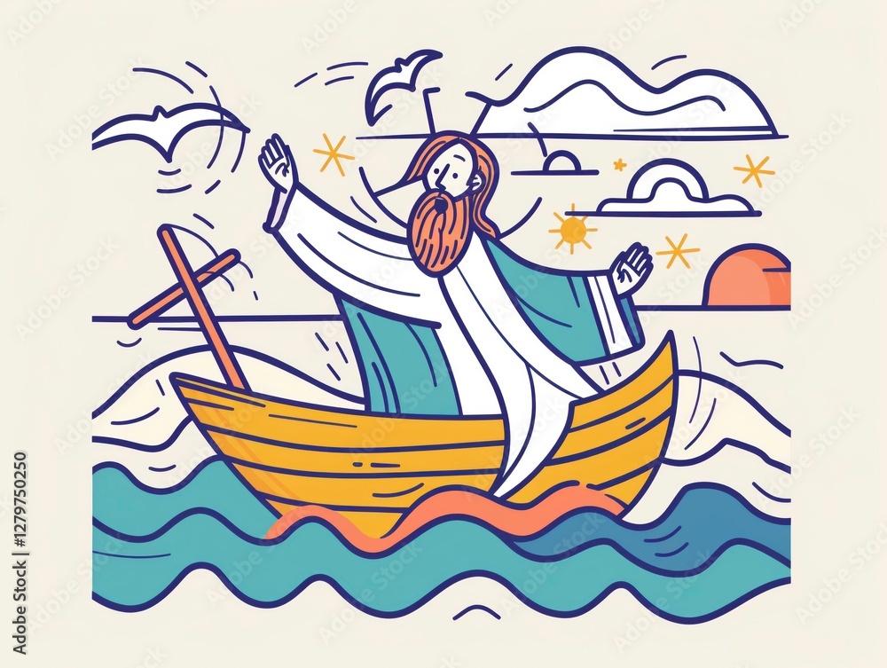 Fototapeta premium A vector illustration in simple flat color line style of whimsical Jesus birth in the manger