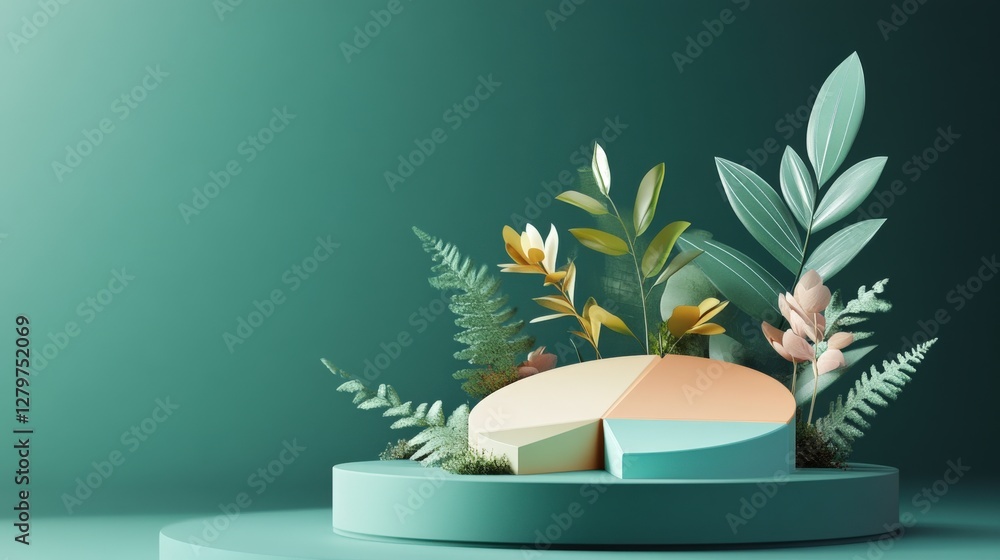 Modern abstract display featuring a pie chart surrounded by lush greenery and vibrant flowers Modern abstract display featuring a pie chart surrounded by lush greenery and vibrant flowers
