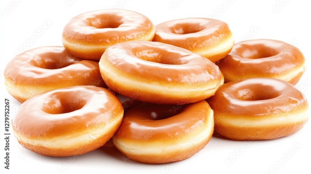 A tempting stack of glazed donuts arranged attractively on a white background, perfect for dessert A tempting stack of glazed donuts arranged attractively on a white background, perfect for dessert