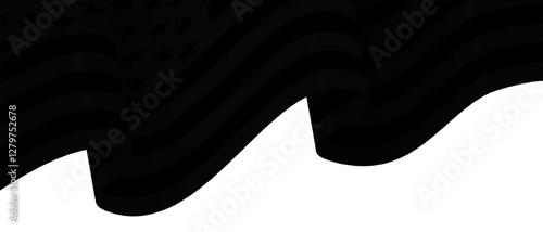Black American flag with wave effect on a white background. Symbol of intransigence, defiance, and refusal to show mercy.