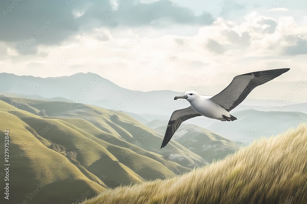 Fototapeta premium Albatross soaring over rolling hills landscape