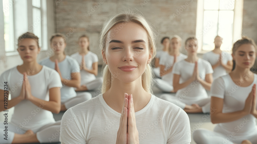 Mindful woman practicing yoga in serene studio with others Mindful woman practicing yoga in serene studio with others