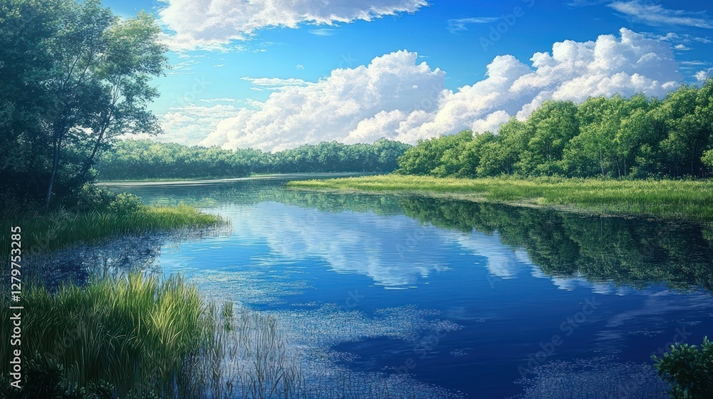 Obraz premium A tranquil lake with a clear blue sky, lush green trees lining the shore, and puffy clouds reflected on the water.