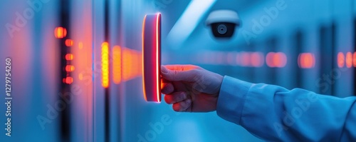 A hand using a digital access control system, illuminated by vibrant red lights, against a blue background, emphasizing technology and security.