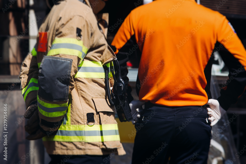 Group of South Korean fire men during fire fighting operation in the streets, firefighters with fire engine truck vehicle, 911 emergency and rescue, fire drill, exercise training, Busan, South Kore Group of South Korean fire men during fire fighting operation in the streets, firefighters with fire engine truck vehicle, 911 emergency and rescue, fire drill, exercise training, Busan, South Kore