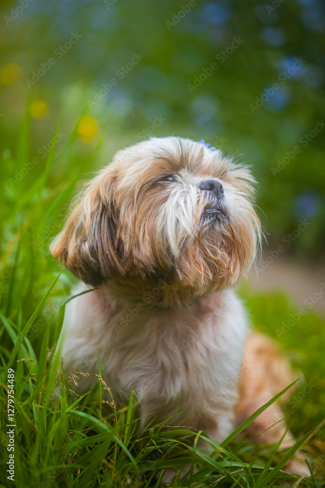 shih tzu dog sits with a flower on its head in summer shih tzu dog sits with a flower on its head in summer