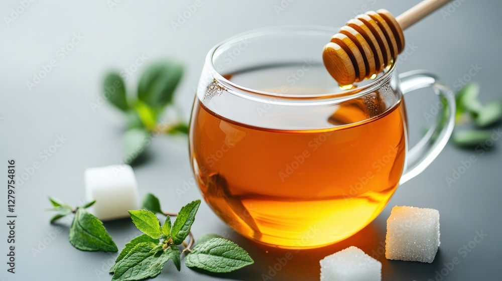 Warm Herbal Tea with Honey and Sugar Cubes on a Dark Background Warm Herbal Tea with Honey and Sugar Cubes on a Dark Background