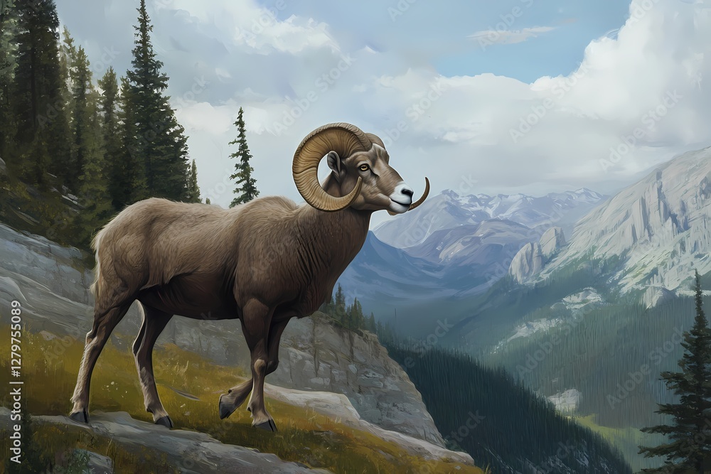 Obraz premium Bighorn Sheep on a Green Hill Landscape
