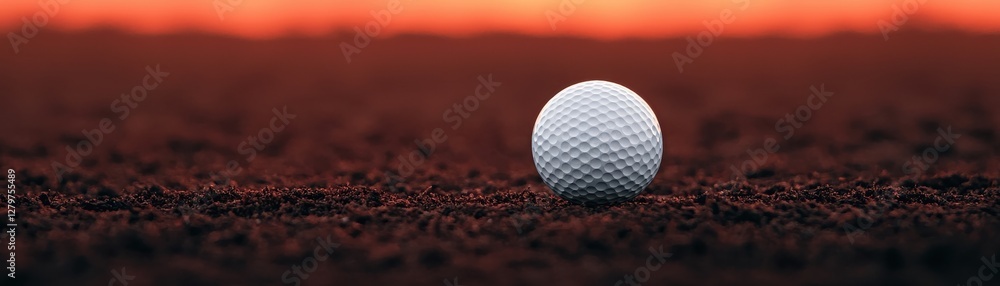 Close-Up of a Single White Golf Ball on a Textured Surface Against a Dramatic Sunset Background Close-Up of a Single White Golf Ball on a Textured Surface Against a Dramatic Sunset Background