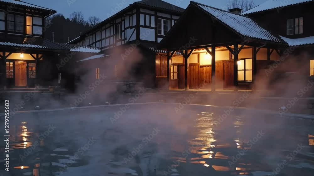 A steaming outdoor hot spring pool glows warmly outside a traditional wooden lodge. A steaming outdoor hot spring pool glows warmly outside a traditional wooden lodge.