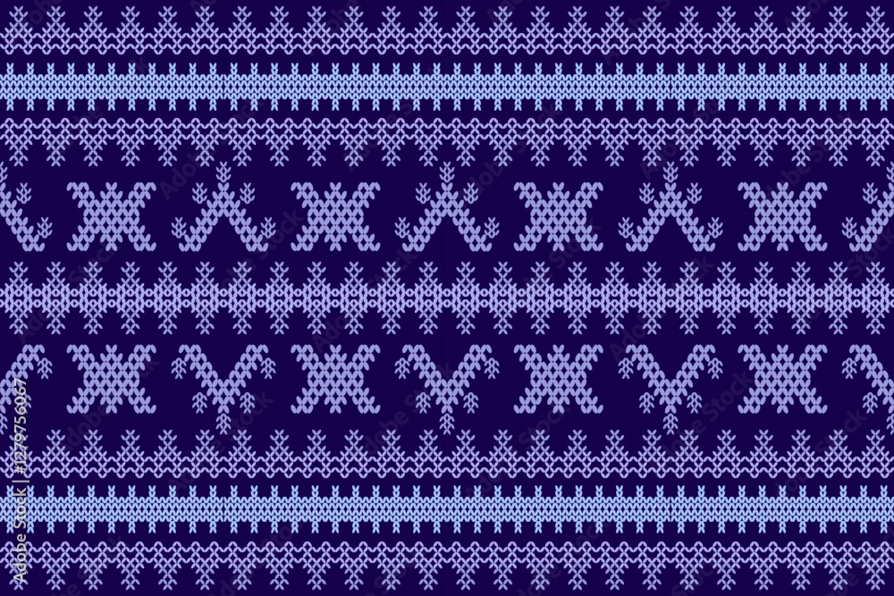 Ikat cross stitch geometric embroidery seamless knitted pattern on damask background. Perfect decorative design for sweater, fabric, decoration, illustration, ornament, texture, textile, interior Ikat cross stitch geometric embroidery seamless knitted pattern on damask background. Perfect decorative design for sweater, fabric, decoration, illustration, ornament, texture, textile, interior