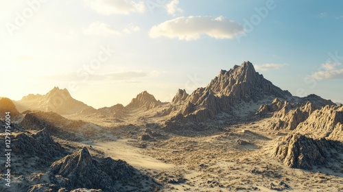 A vast mountain desert with rocky outcrops and golden light, open landscape and space for text.