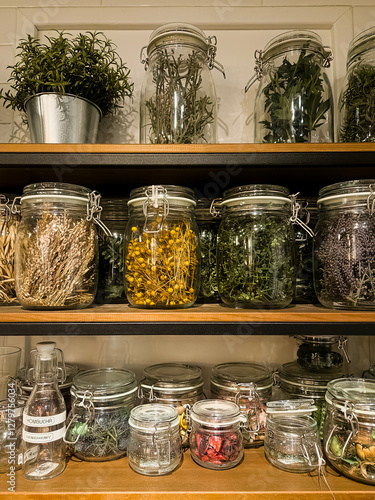 Apothecary wall with bottles of herbs and spices