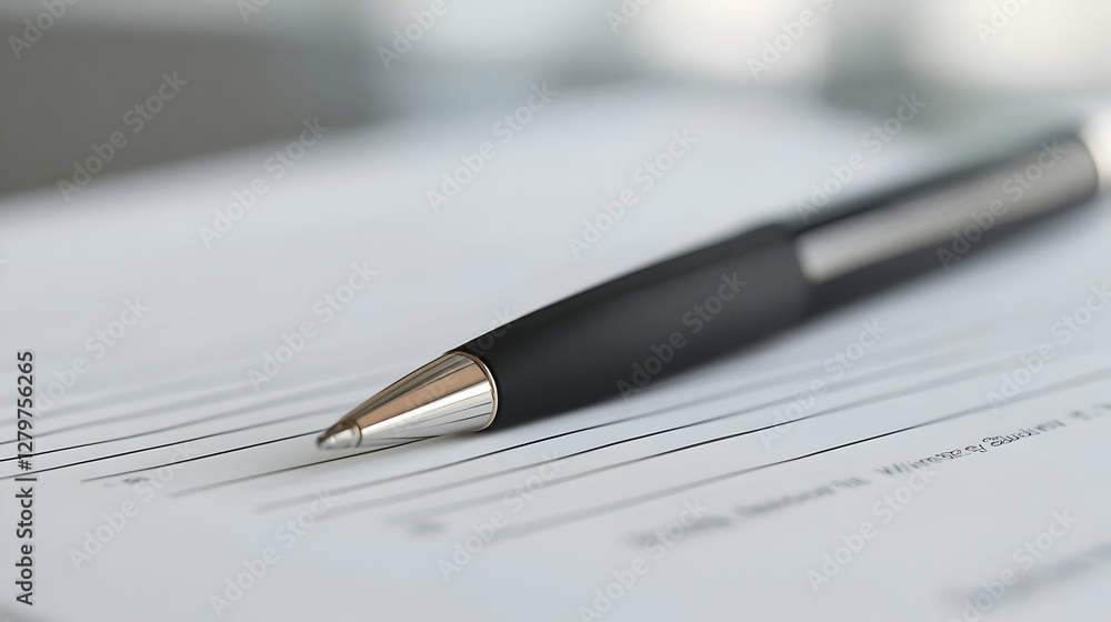 Black pen on form, office background, ready to sign