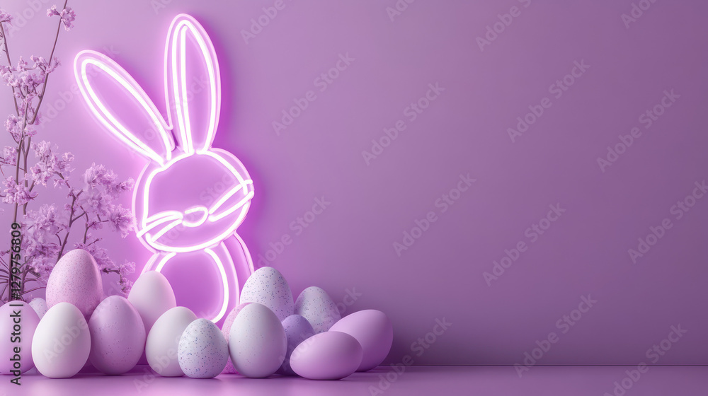 Fototapeta premium Lilac gradient background, glowing LED Easter Bunny neon sign above ceramic eggs, copy space below for slogans