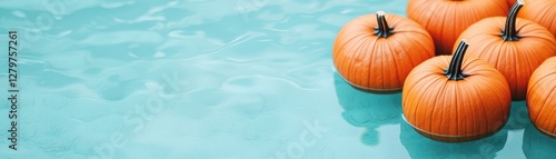 Vibrant Orange Pumpkins Floating on Calm Aquamarine Water for Seasonal Fall Decor and Harvest Celebrations