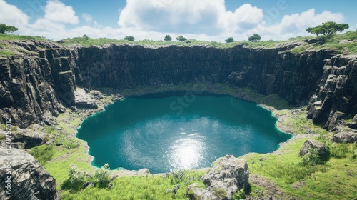 A volcanic crater lake with deep turquoise waters, rugged cliffs surrounding the scene.
