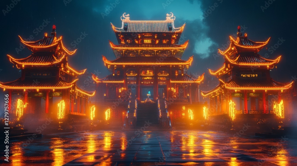 Fototapeta premium Neon Temple Ancient China at Night