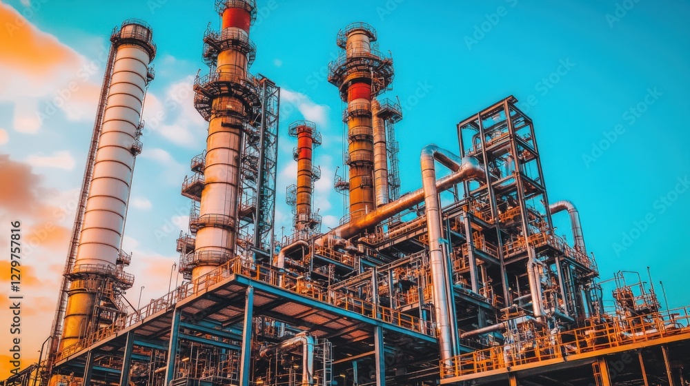 Fototapeta premium Majestic industrial refinery complex under a vibrant sky, showcasing intricate pipelines and towering structures.