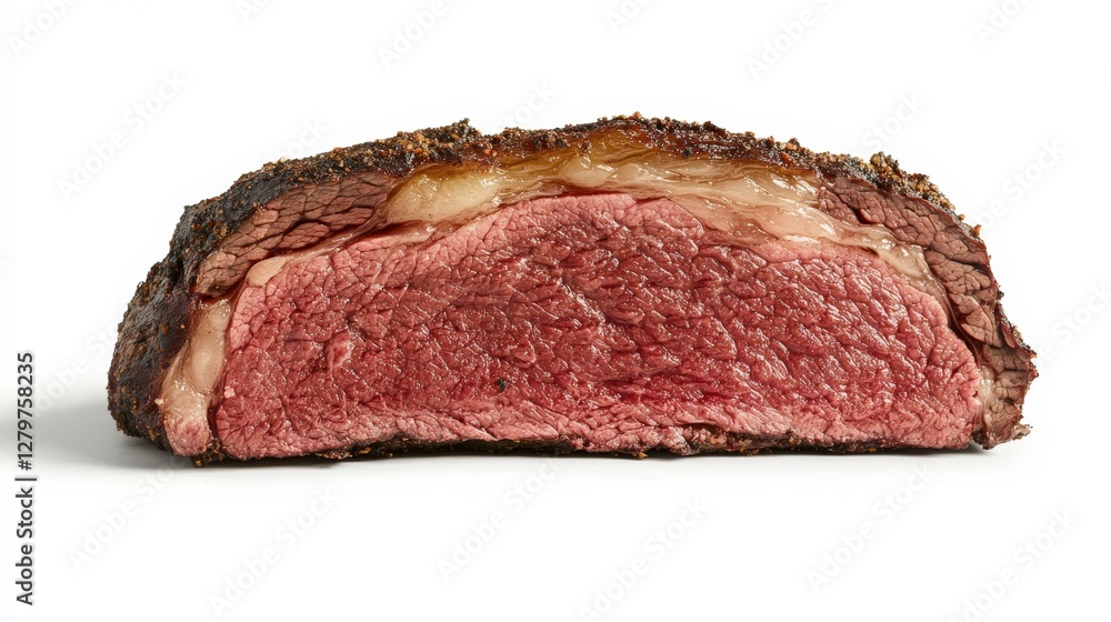 Juicy, perfectly cooked medium-rare beef roast sliced to reveal tender pink interior on white backdrop Juicy, perfectly cooked medium-rare beef roast sliced to reveal tender pink interior on white backdrop