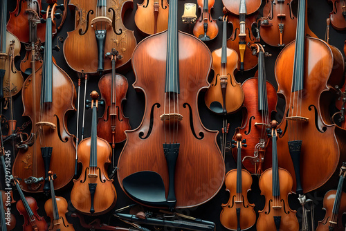 Stringed bowed musical instruments on a black wall. Vintage wooden contrabass, cellos, violins and altos. photo