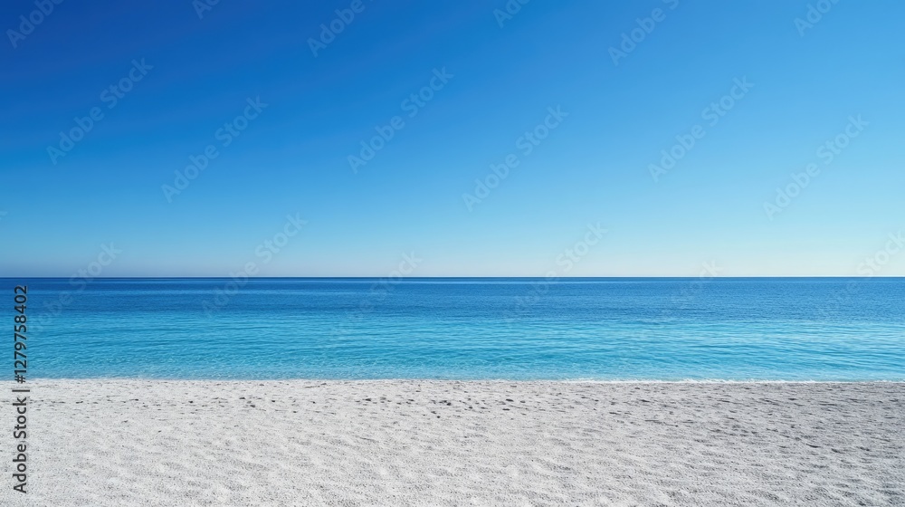 Fototapeta premium A wide expanse of untouched beach sand leading to a calm blue sea under clear skies.