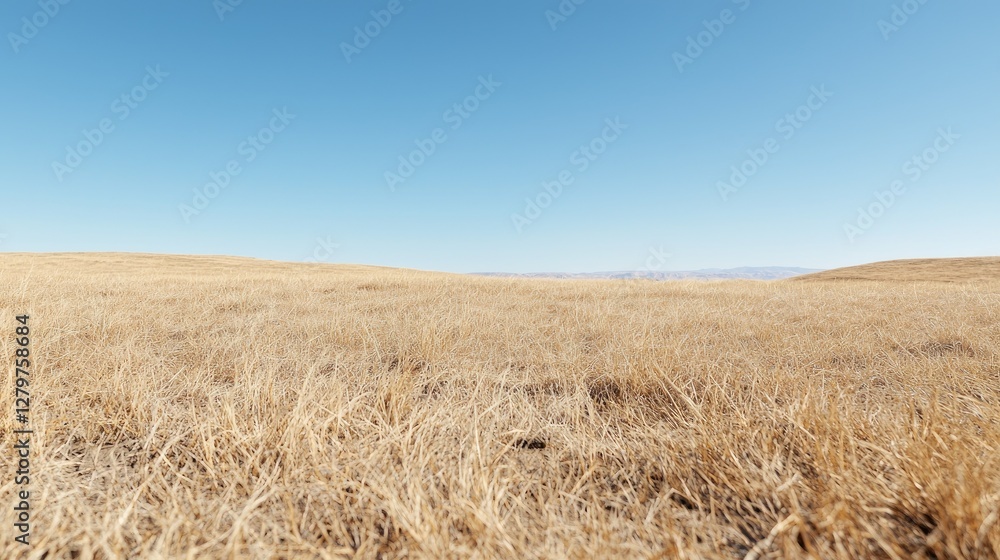 Dry grass field under clear blue sky, background mountains, nature scene, website banner Dry grass field under clear blue sky, background mountains, nature scene, website banner
